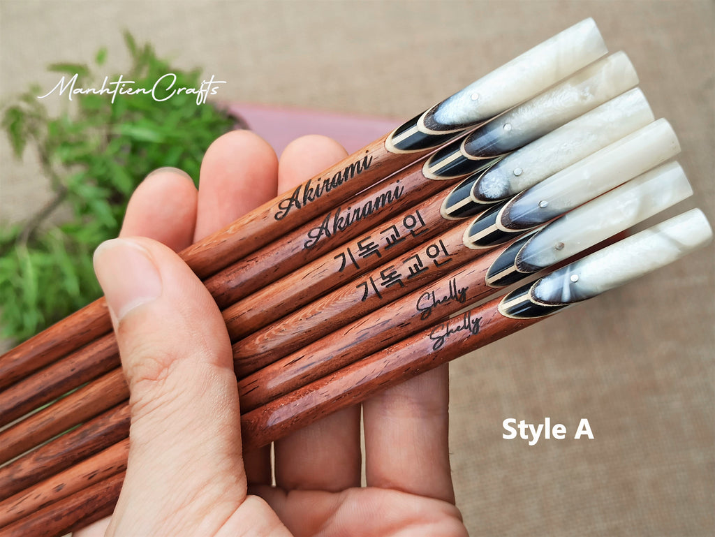 Custom Personalized Engraved Rosewood Chopsticks Set with Mother of Pearl Inlay