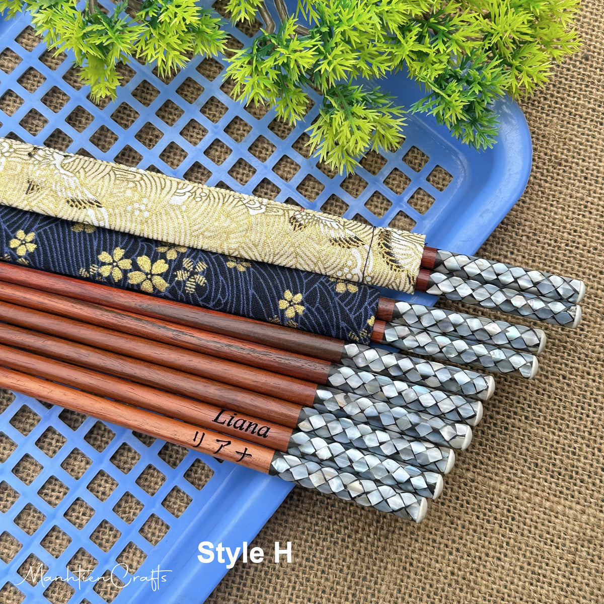 Custom Personalized Engraved Rosewood Chopsticks Set with Mother of Pearl Inlay