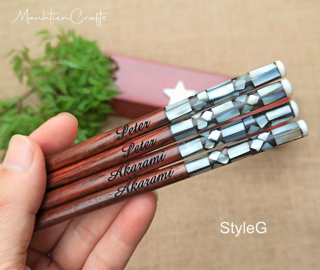 Custom Personalized Engraved Rosewood Chopsticks Set with Mother of Pearl Inlay