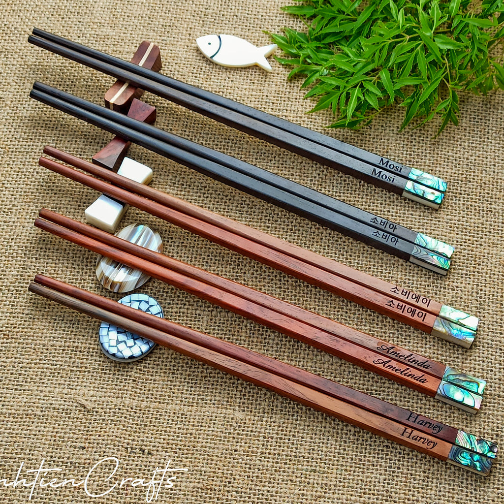 Custom Personalized Engraved Rosewood Chopsticks Set with Mother of Pearl Inlay