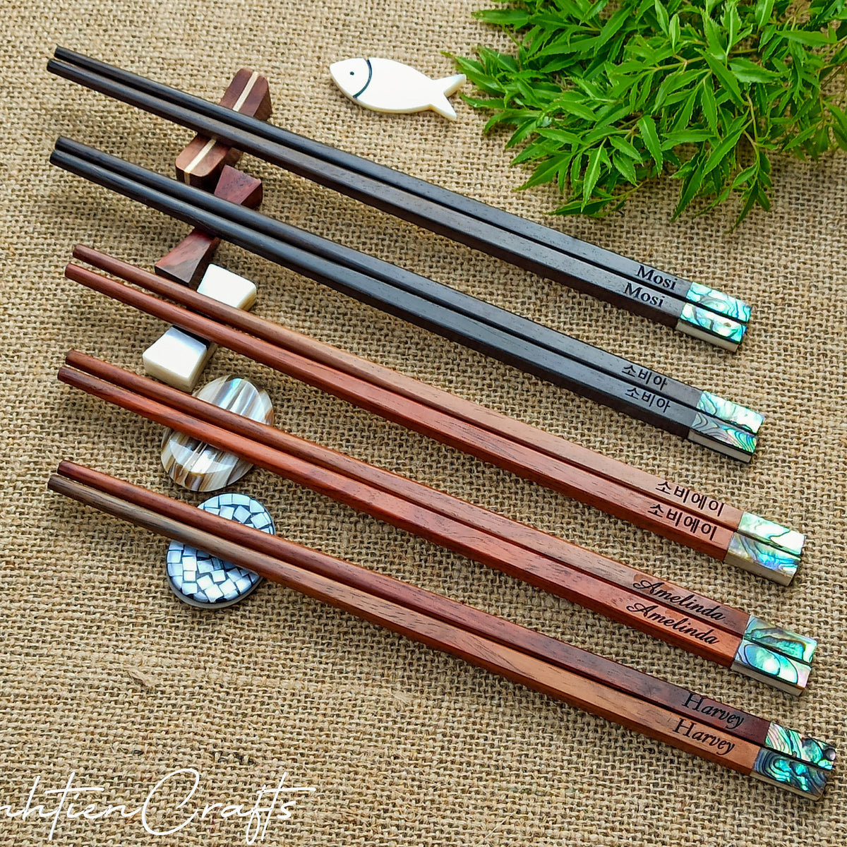 Custom Personalized Engraved Rosewood Chopsticks Set with Mother of Pearl Inlay