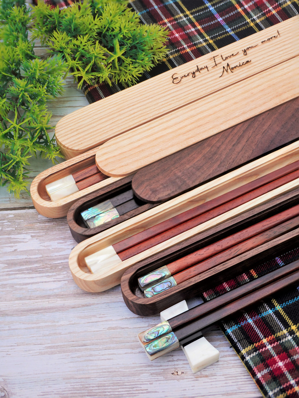 Custom Personalized Engraved Rosewood Chopsticks Set with Mother of Pearl Inlay