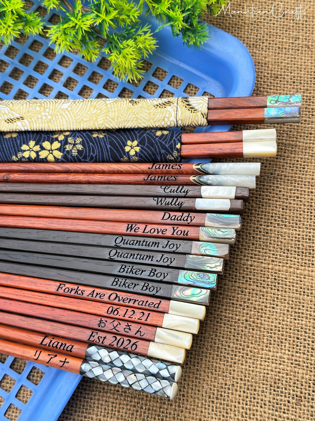 Custom Personalized Engraved Rosewood Chopsticks Set with Mother of Pearl Inlay