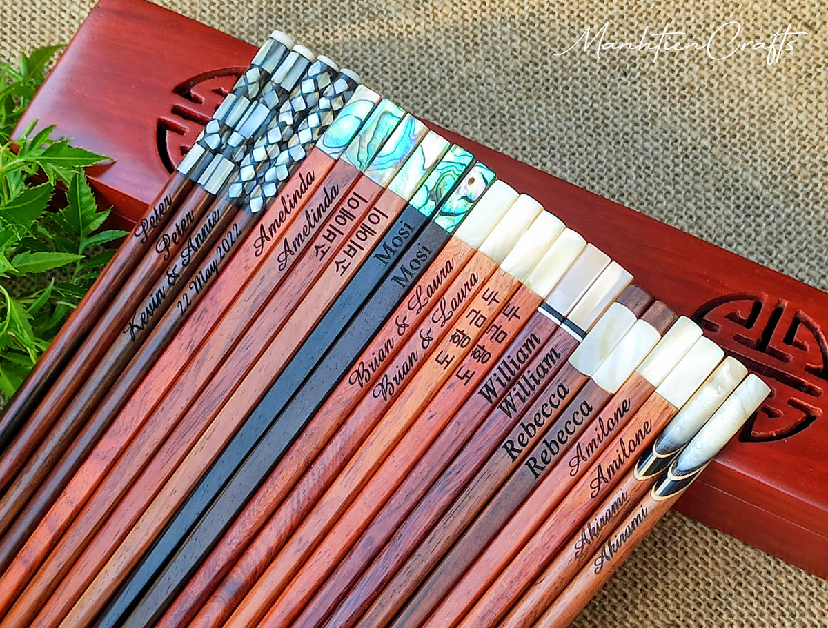 Custom Personalized Engraved Rosewood Chopsticks Set with Mother of Pearl Inlay