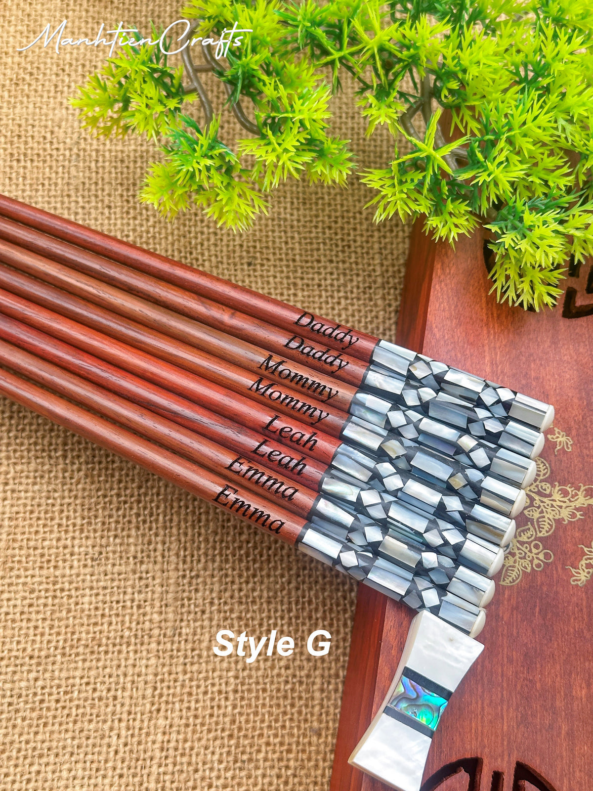 Custom Personalized Engraved Rosewood Chopsticks Set with Mother of Pearl Inlay