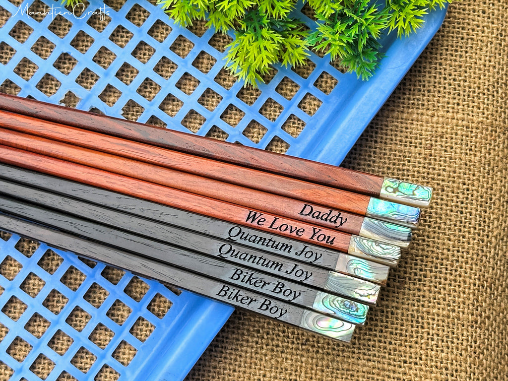 Custom Personalized Engraved Rosewood Chopsticks Set with Mother of Pearl Inlay
