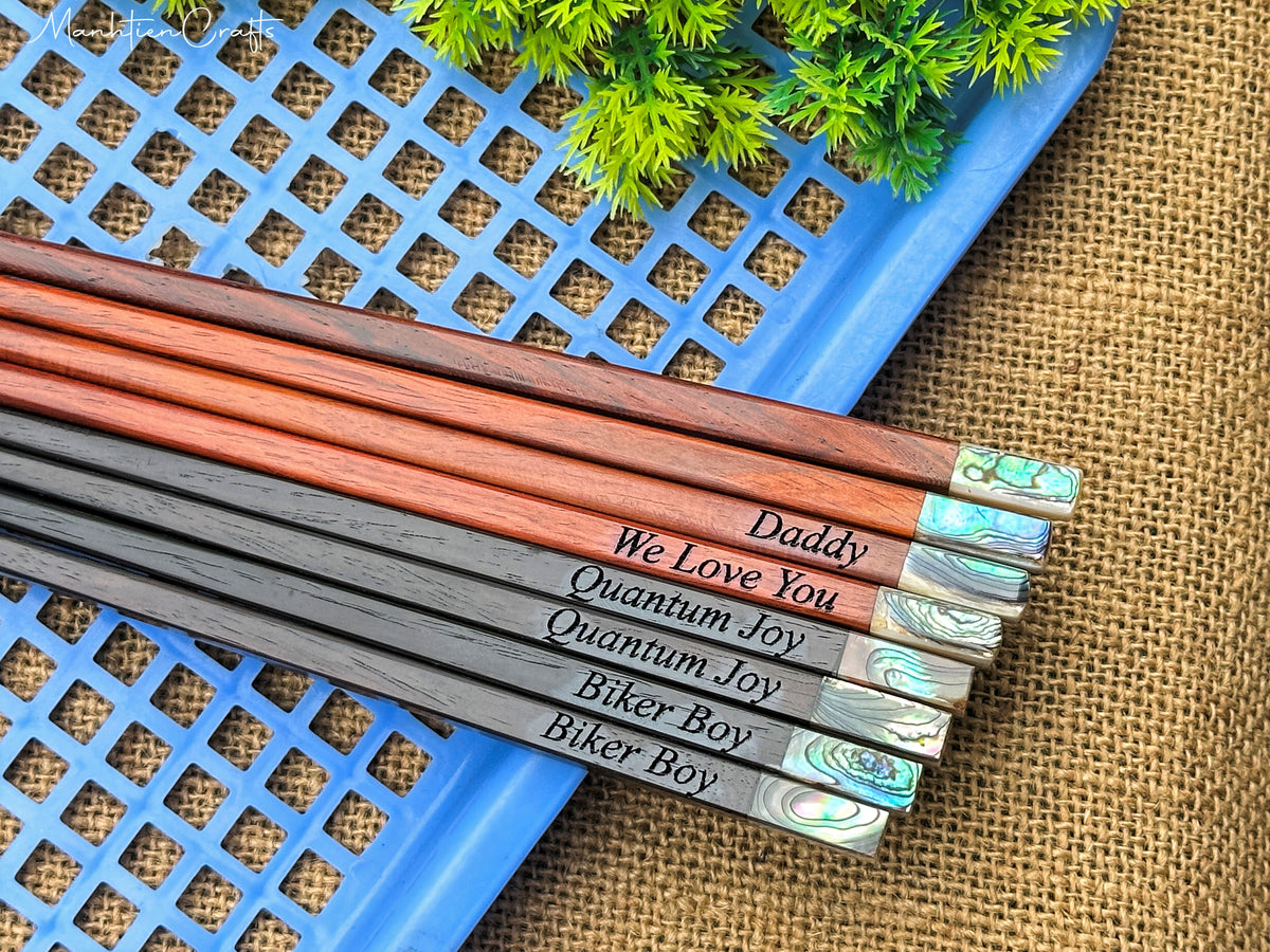 Custom Personalized Engraved Rosewood Chopsticks Set with Mother of Pearl Inlay