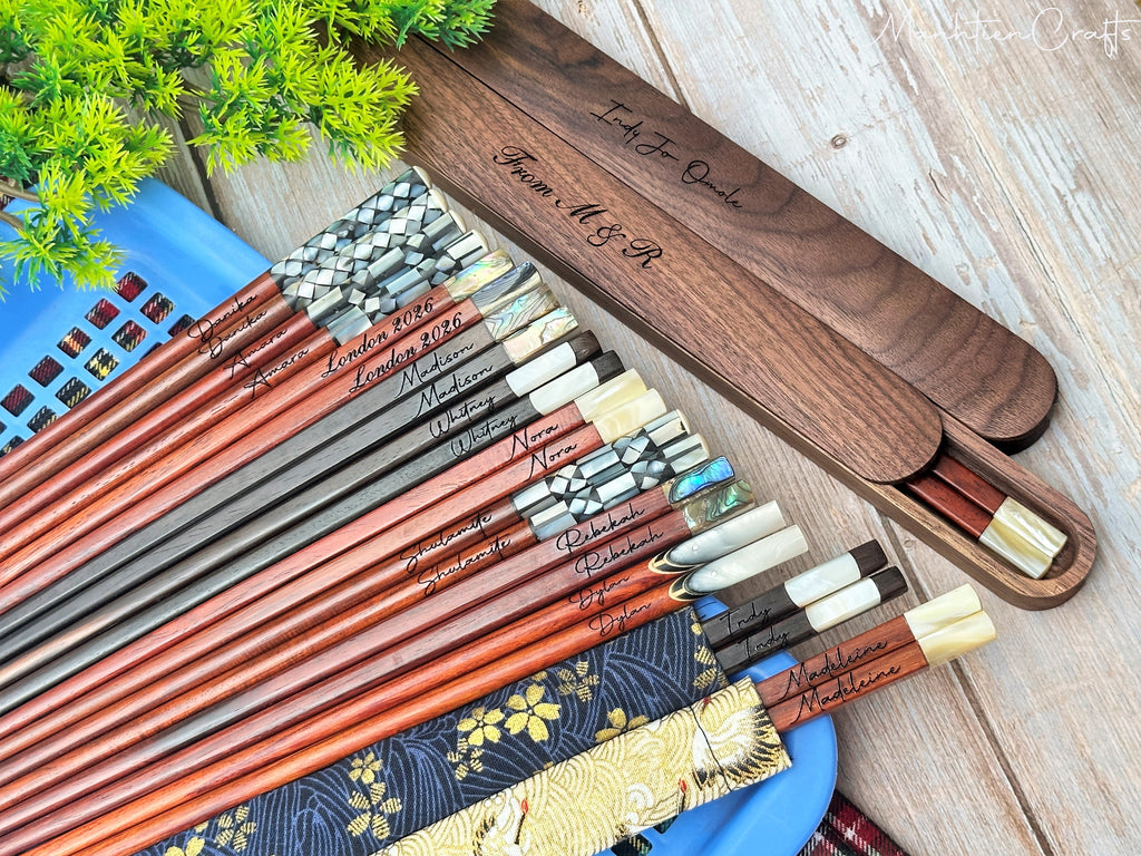 Custom Personalized Engraved Rosewood Chopsticks Set with Mother of Pearl Inlay